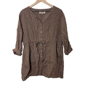 FLAX Linen Button Up Tunic Shirt Brown Size‎ M Lagenlook Cabincore Normcore Gorp